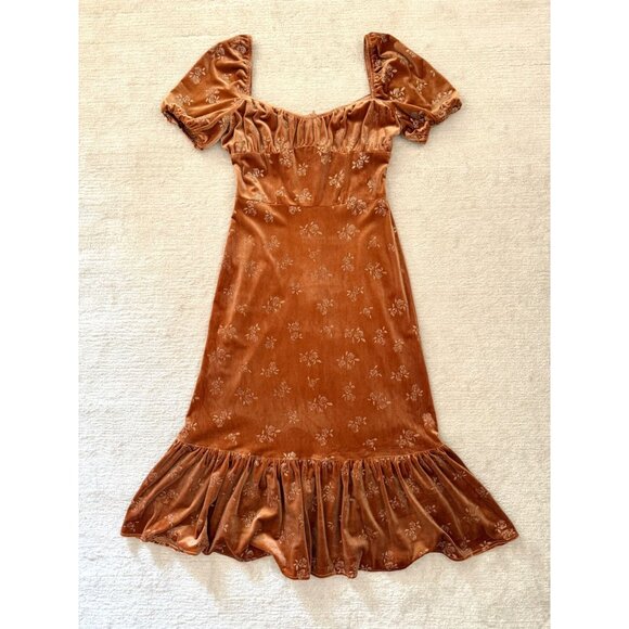 Lait Collection Velvet Dress Size XL Rust Floral Puff Sleeve Ruffle Hem Retro - Picture 3 of 17